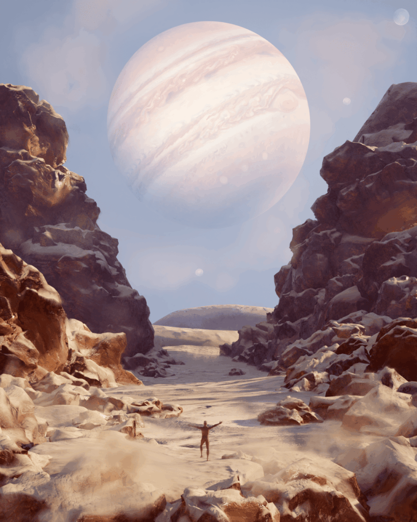 3D teknika erabiliz, basamortua haurrean duen gizona besoak zabalik agertzen da, ikusgarri.