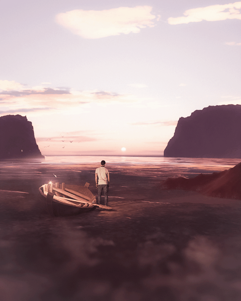 Hondartza batean gizonak itsasora begiratzen du, bere alboan batela duelarik.