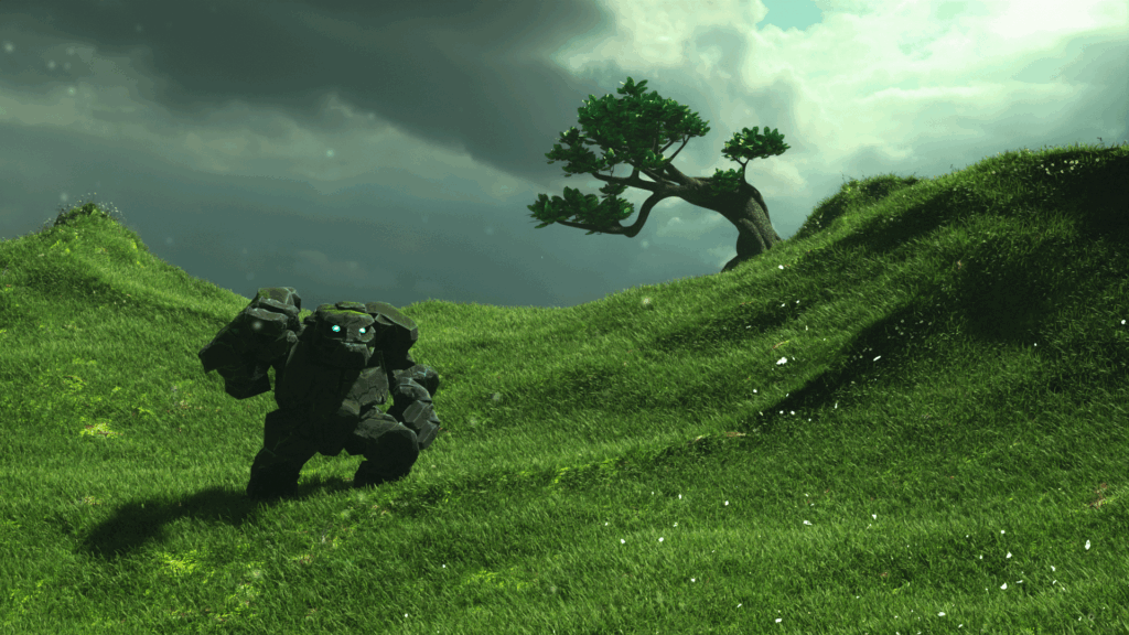 Belardi batean arrizko golem bat agertzen da, atzean zuhait biurritua duelarik