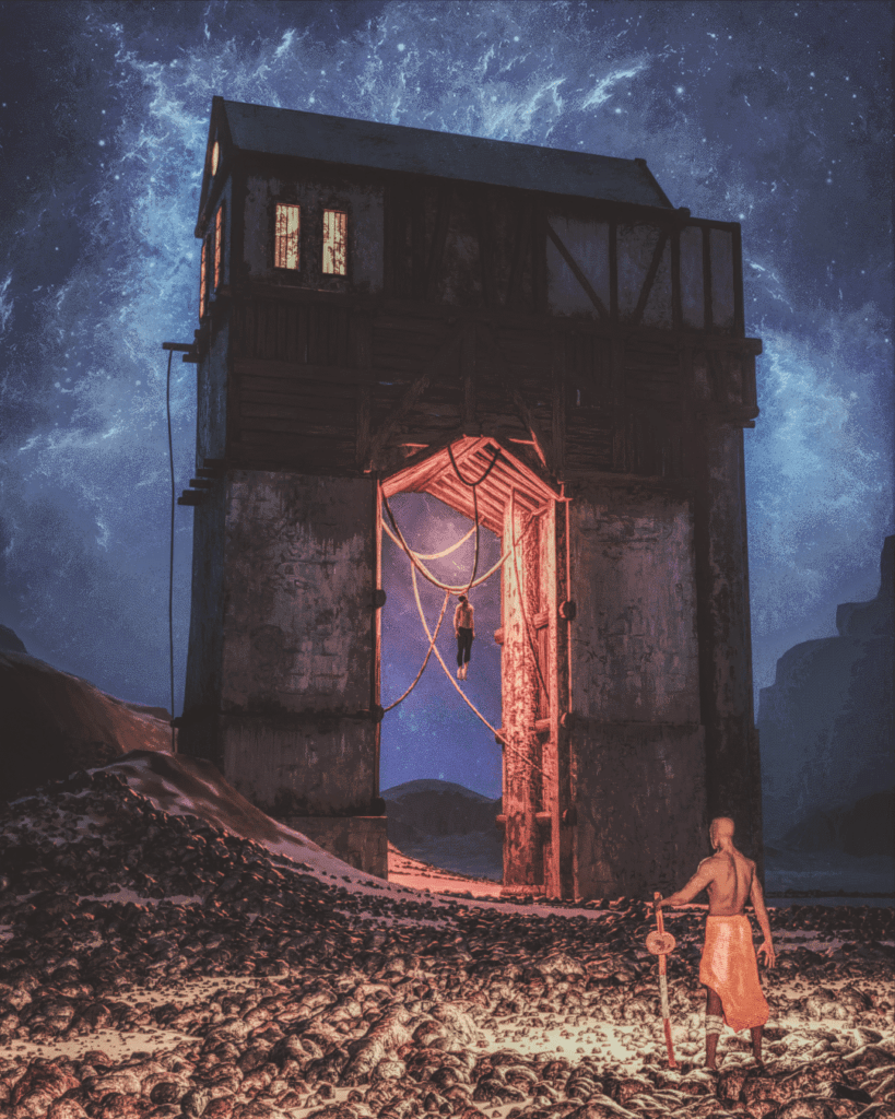 Tribu baten kidea, makilarekin, basamortuan barrera ibiltzen ate erraldoi baten aurrean; zeinetan pertsona urkatua agertzen den.