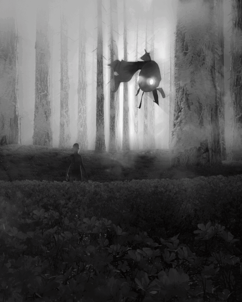 Zuhaitz erraldoiez osatutako basoa, laino artean, eta begi argiak dituen arrain handia airearekin hegaz egiten, ume bati begira.