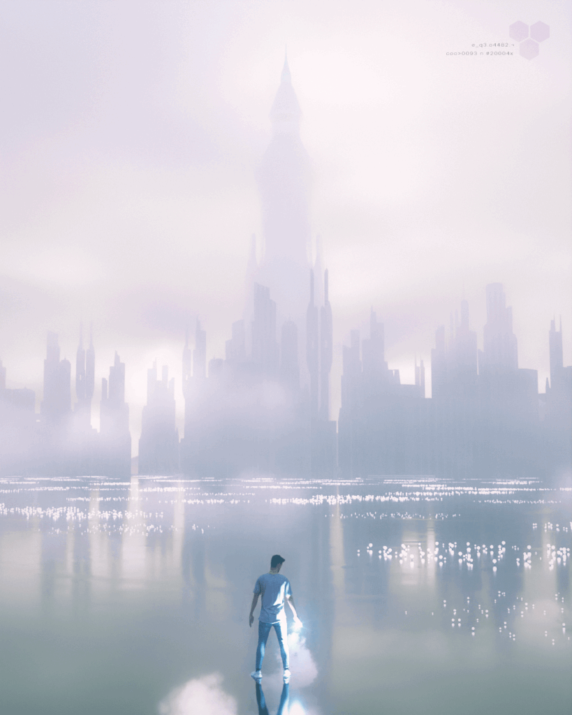 Gaztea hiri baten silueta ikusten. Lurra kristal itxura hartzen du eta argi txikiak islatu egiten dira.