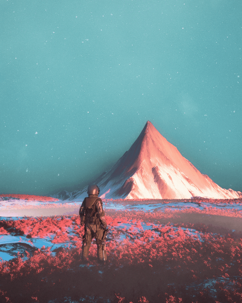 Astronauta bat urruneko mendi bati begira