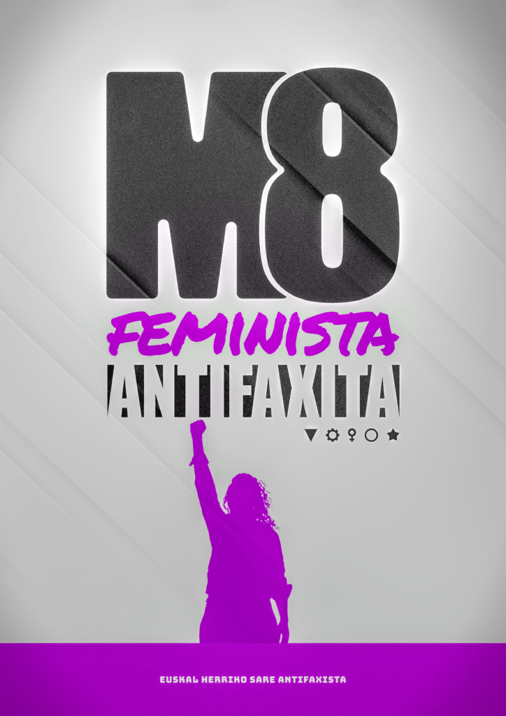 M8 beltzez, feminista morez eta Antifaxista zuriz lauki bat osatzen dute. Behean, emakume baten silueta morea ukabila altxatuta.