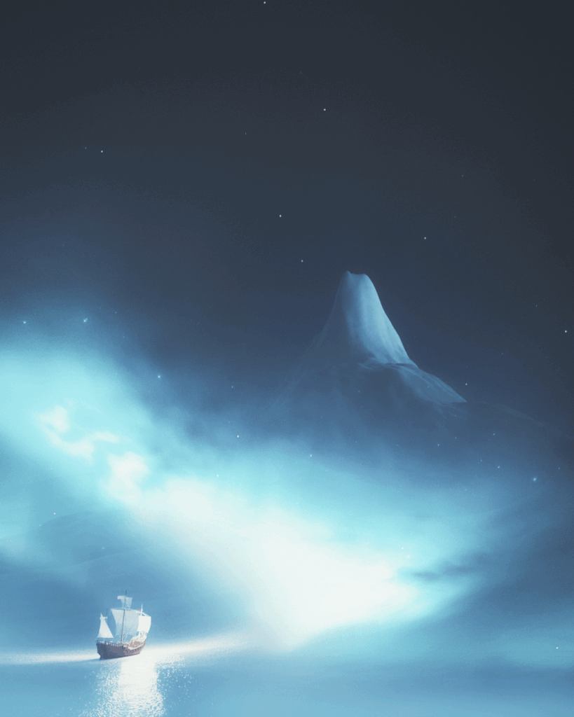 Itsasontzi bat itsasoan, lainoen artean sartzen delarik, aurrean elurrezko sumendia duelarik