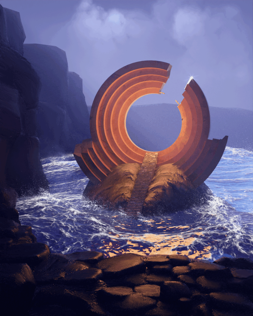 Itsas amildegiak agertzen dira, eta isasotik ate erraldoi borobila ateratzen da, arrizkoa.