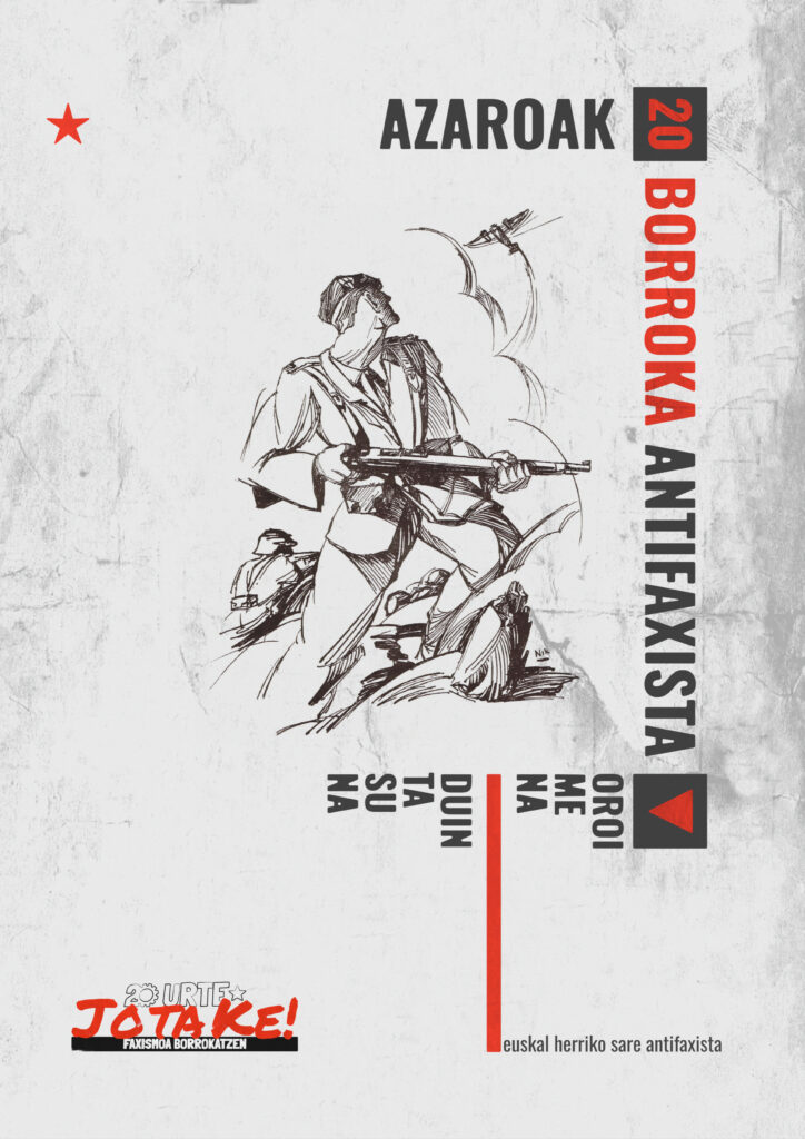 Eusko Gudari baten ilustrazioa, hegazkinari begira, zuri-beltzean.