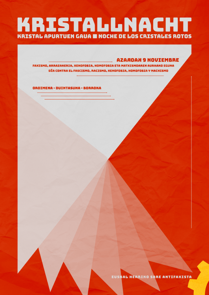 Bauhaus itxurako karteleria eredua, Kristallnacht efemeridea oritzen. Hiruki gardenak bata bestearen gailean kristal hautsi baten itxura hartzen dute, zuriz, fondo gorri baten gainean.
