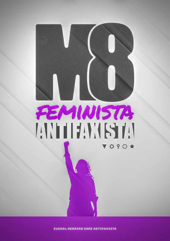 Emakumea ukabila altxatuta, atzen M8 letrak dituelarik, feminista eta antifaxista